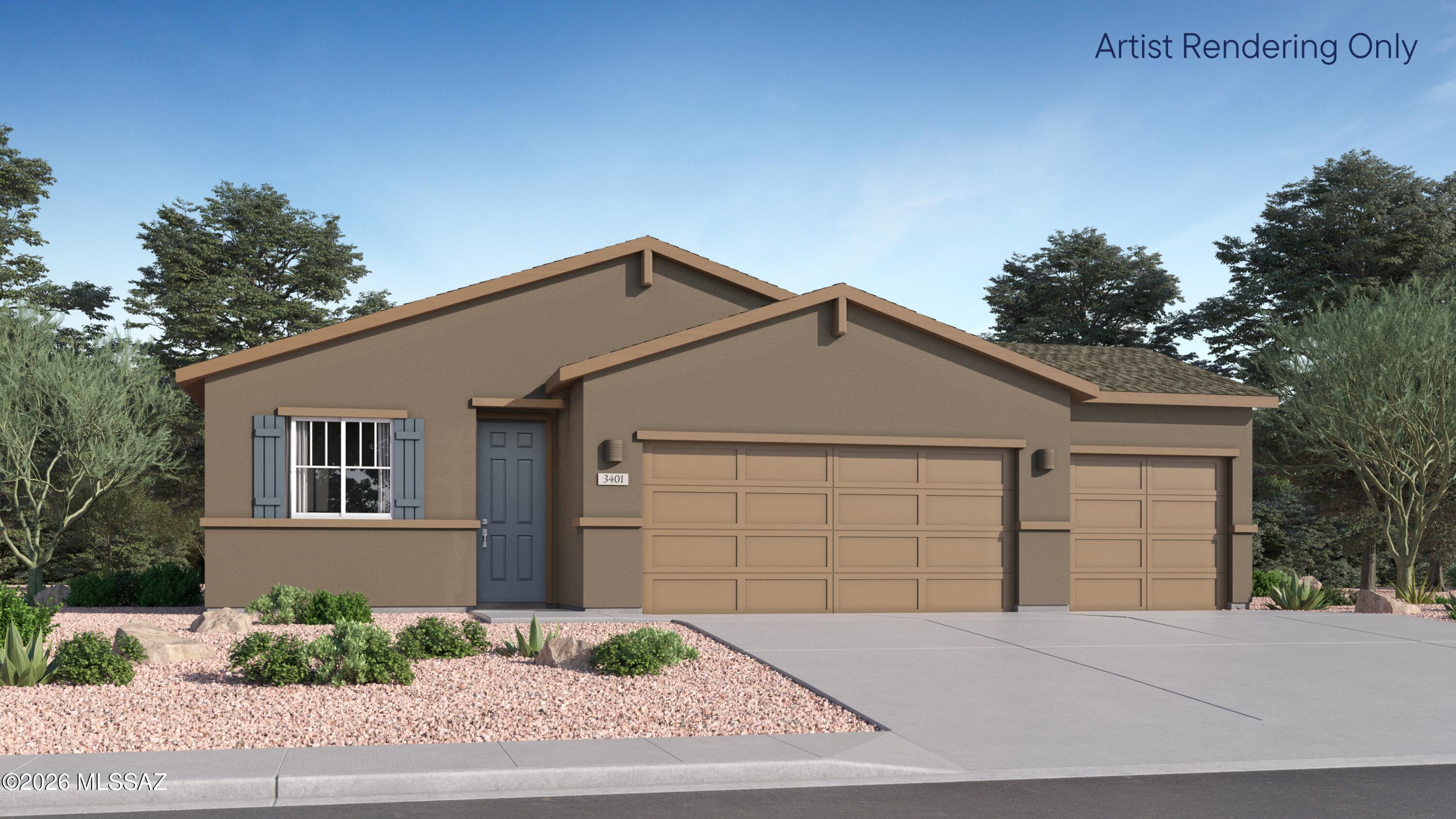 This new three-bedroom home offers a spacious and low-maintenance single-story layout. A convenient bedroom and full-sized bathroom are located upon entry, leading to an open-concept floorplan that blends the kitchen, dining room and family room with easy access to a covered patio. A luxurious owner's suite at the back of the home offers a tranquil retreat with access to a full bathroom complete with a dual-sink vanity.This home includes GE® stainless steel appliances, Rinnai Tankless Water Heater, Granite Countertops, Taexx® built-in pest control system, 2'' faux wood blinds, LED lighting and so much more! As an added bonus, this home comes complete with a washer and dryer! Don't miss this great opportunity to own a beautiful move-in ready home!