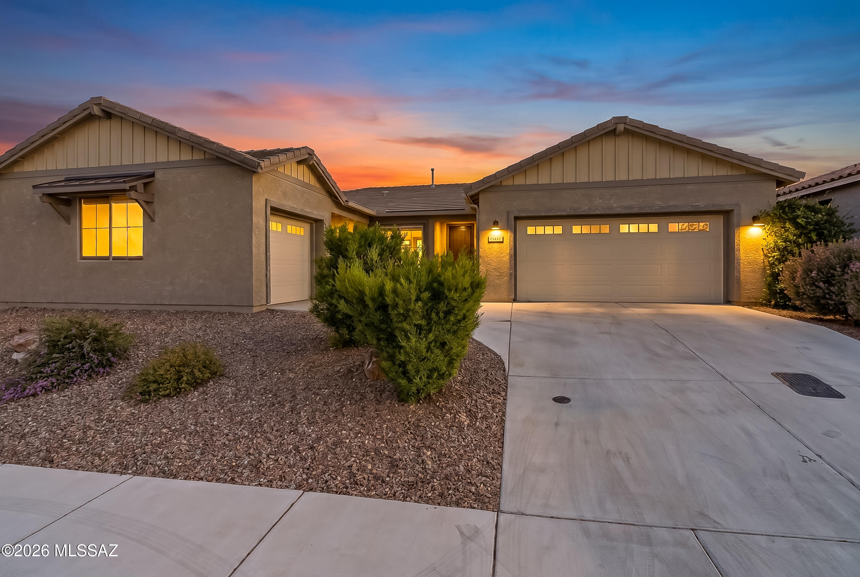 Built in 2019, this beautiful contemporary blends modern design with functional living. Thoughtfully designed floor plan offers 3 bedrooms plus a den/office and open concept spaces filled with natural light and seamless indoor/outdoor living. 
The kitchen features a large center island with a breakfast bar and a walk-in pantry. Backyard features a covered patio protected on both sides making it ideal for outdoor living & dining. Free-standing, owned solar structure provides additional shade. Big Bully turf and a full block wall make the backyard low-maintenance and private. Lots of upgrades in this house! Exceptional community amenities and convenient access to shopping, dining, hospitals, schools. etc.