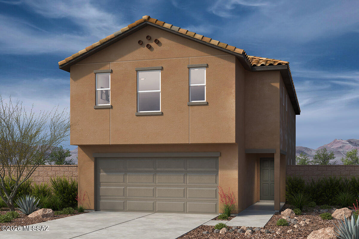 Beautiful premier master plan by Rita Ranch. Set on a corner homesite, this two-story, 5-bedroom, 3 bath home features a 9-ft. ceiling height at the first floor and ceramic tile flooring.  The spacious great room leads to a covered back patio. The kitchen showcases Silestone® countertops, 42'' upper cabinets, 42'' white upper cabinets with crown moulding, an island, walk-in pantry and Whirlpool® stainless steel appliances, including an electric range with hood and a dishwasher. Bedroom 2 and the convenient downstairs bedroom 5 includes a walk-in closet. Upstairs, the loft creates space for movie night. The primary suite boasts a walk-in closet and adjoining bathroom with a dual-sink vanity and walk-in shower. Price includes discount predicated on using seller's preferred lender KBHS.