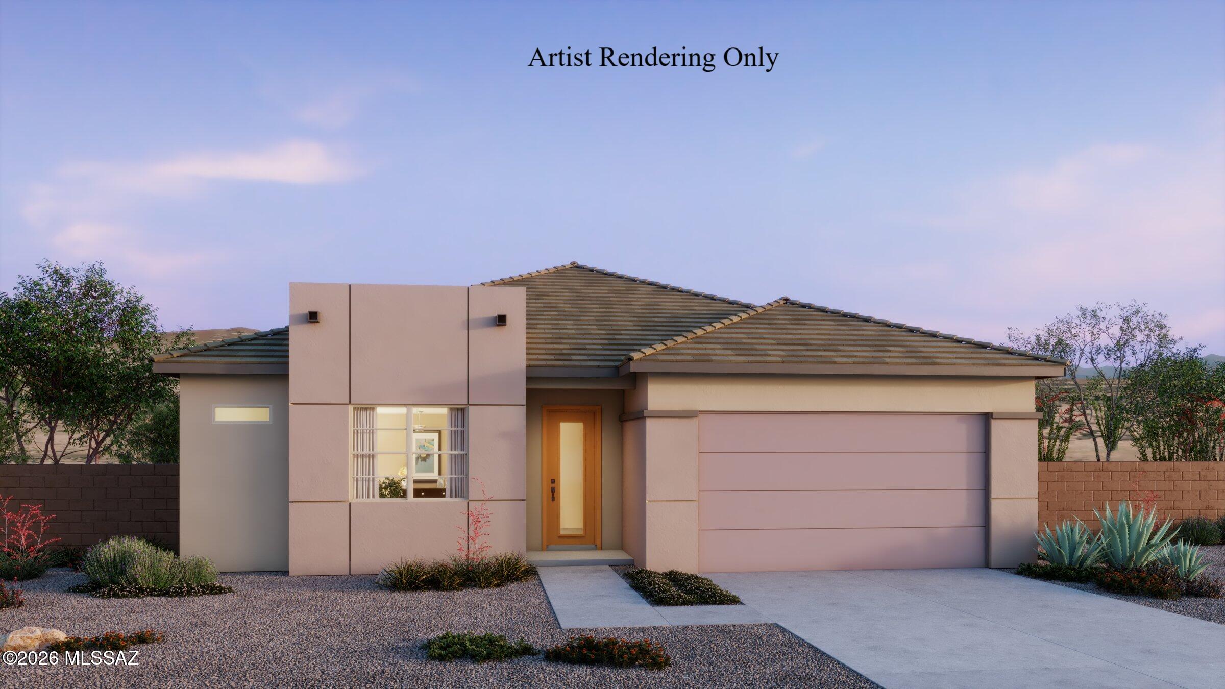 Beautiful Flint plan with Desert Modern elevation, offers spacious elegance in an open Greatroom concept. Covered back patio, seamlessly blends indoor & outdoor living. Kitchen is a chef's delight, featuring quartz counters, Whirlpool range & refrigerator, center island & walk-in pantry. 3-car tandem garage provides ample space for vehicles & storage. The Owner's suite exudes luxury with generous walk-in closet, walk-in shower, & extended vanity with dual sinks. Includes: Refrigerator, Washer/Dryer & faux wood blinds.