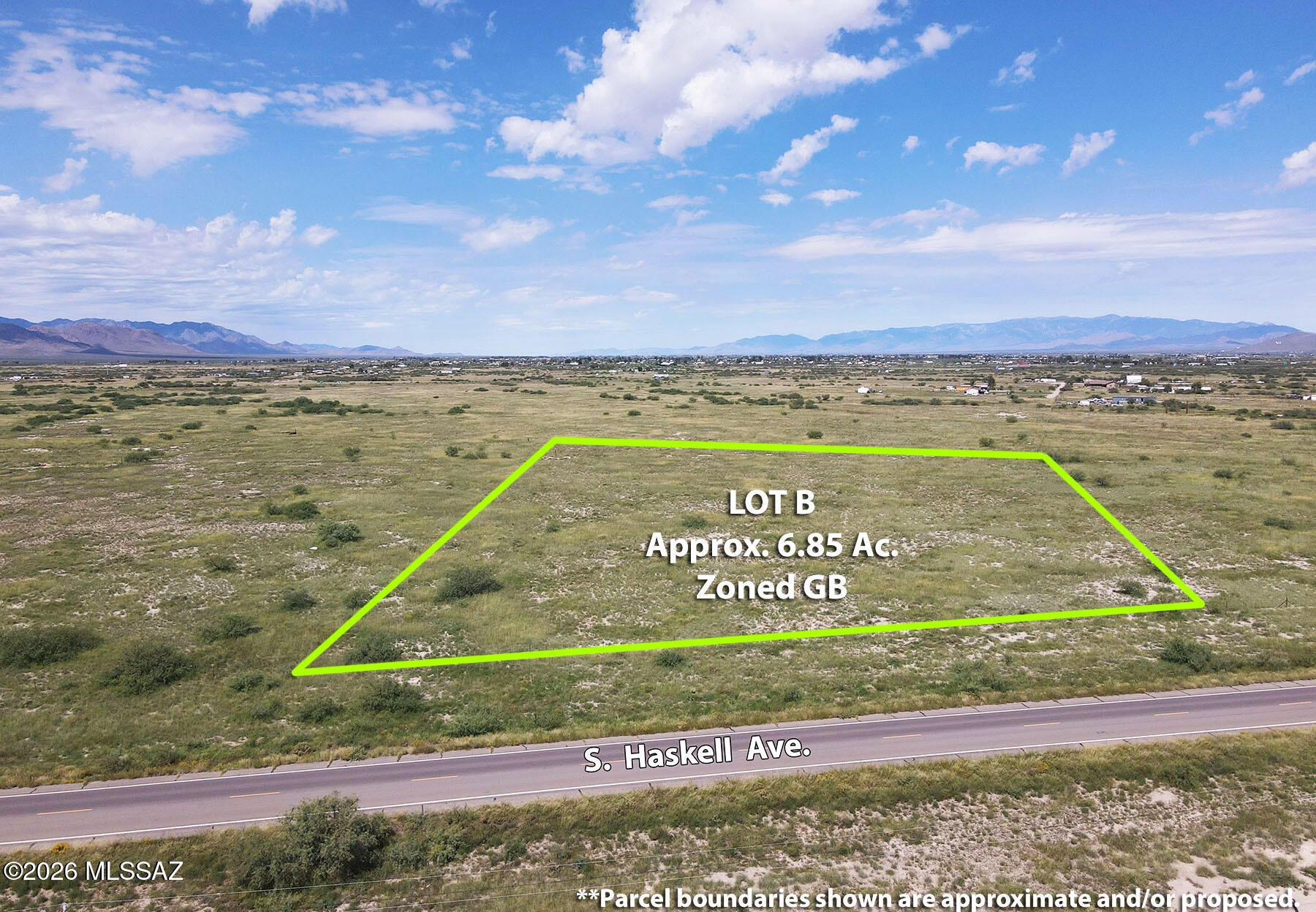 Parcel B is the center demised portion of a 19.7-acre GB-zoned commercial master parcel on Haskell Avenue, approx. one mile from the Taylor Road interchange on I-10. This proposed roughly 6.9-acre parcel features approx. 456 feet of Haskell Ave. frontage with excellent highway visibility and accessibility. Power is nearby at master parcel corners. Master parcel is fully fenced. General Business zoning supports a wide range of commercial uses including RV parks, truck parking, storage, retail, hospitality, residential and more. Flat, open terrain ready for development. No sewer or city water; development requires well & septic. All measurements and boundaries subject to final survey. See master parcel parent listing MLS# 22624402 for additional details.
