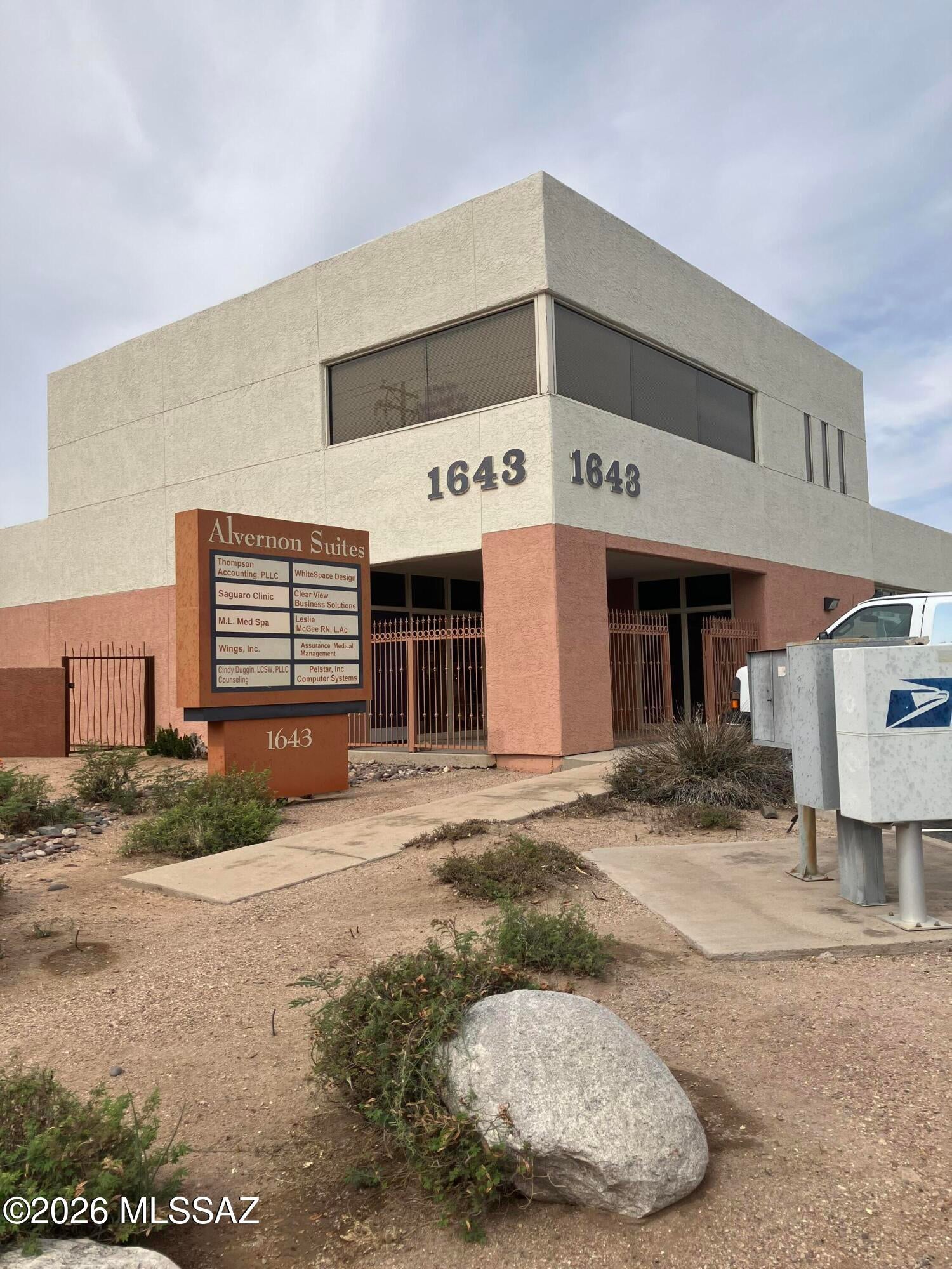 Office space in central Tucson. Single Story Suite. Gated courtyard/breezeway. Main reception/office, one larger separate office and a kitchenette area with sink and cabinetry. Rent includes water, sewer, trash, A/C maintenance and monitored alarm