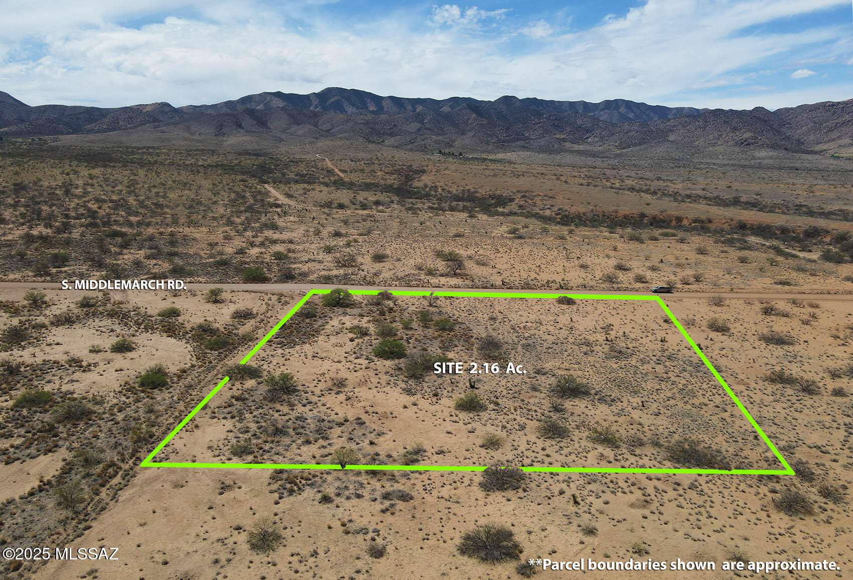 A truly one-of-a-kind location, these two contiguous lots totaling 2.16 acres are right on Middlemarch Rd., less than 3 mi. from the Coronado National Forest boundary. Outstanding intimate views of Black Diamond and Middlemarch Canyon. Zoned SR-43, this Property is level and perfect for buildings & development. Drill well or Haul water. Power is not close, best for off-grid dwellings. Just a few minutes from town and a quick drive to Willcox, Benson, Tombstone and Bisbee. Better yet, perfectly positioned for a quick run into the Dragoon Mountains for rock hounding, hunting, bird watching and all kinds of fun exploration. Your future Cochise County adventure awaits, and it all starts here! **Sale includes two parcels, Cochise APNs 122-04-052 & 122-04-053